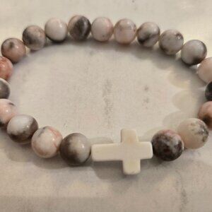 Bracelet with Christian Cross Pink Feldspar Gemstone (Moonstones, Labradorites)